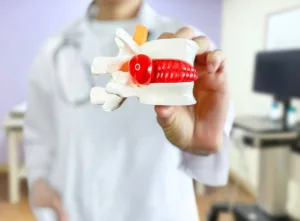 médico mostrando molde de hernia discal